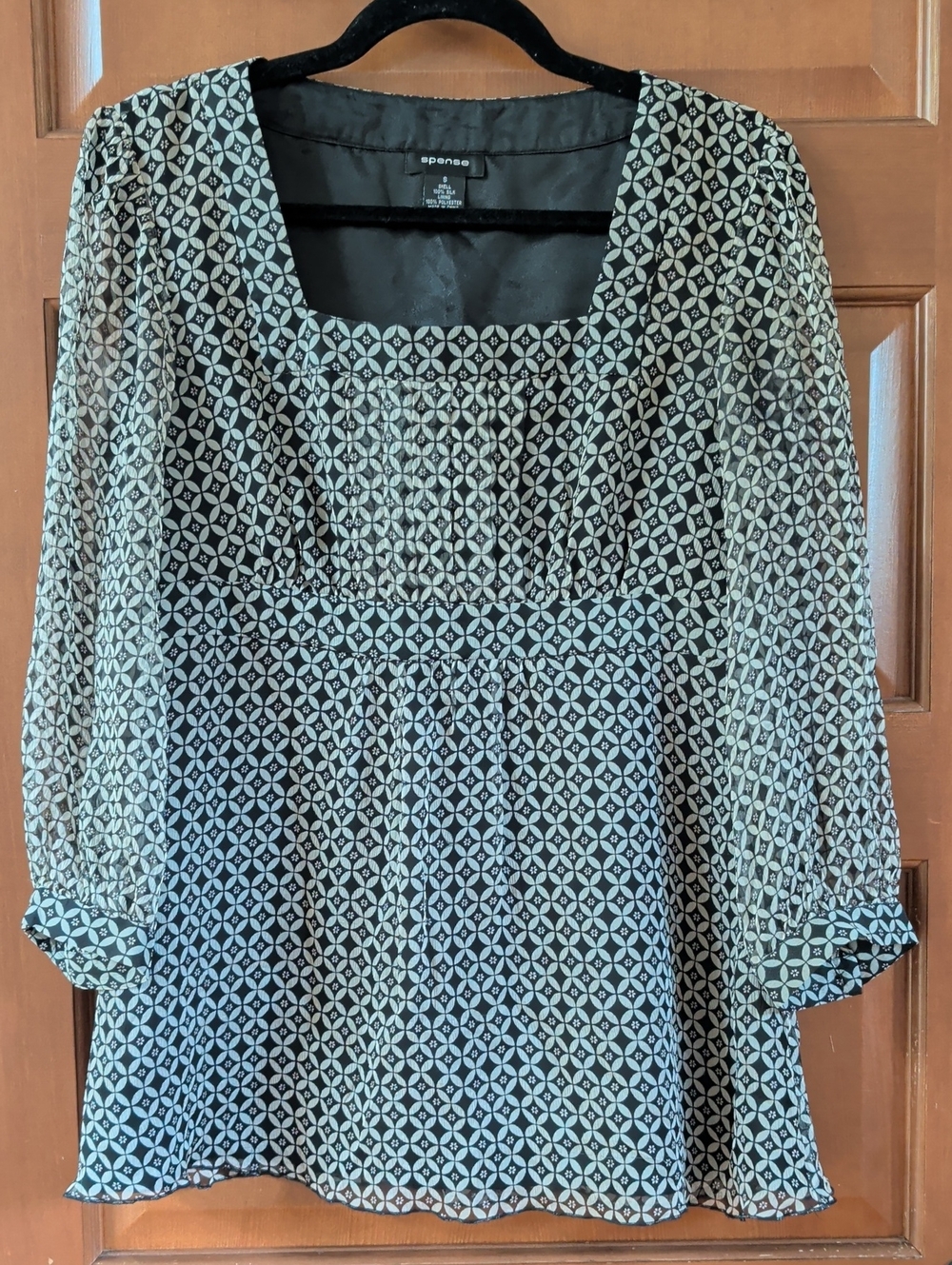 Spense Black and Ivory Geometric Square-Neck Blouse